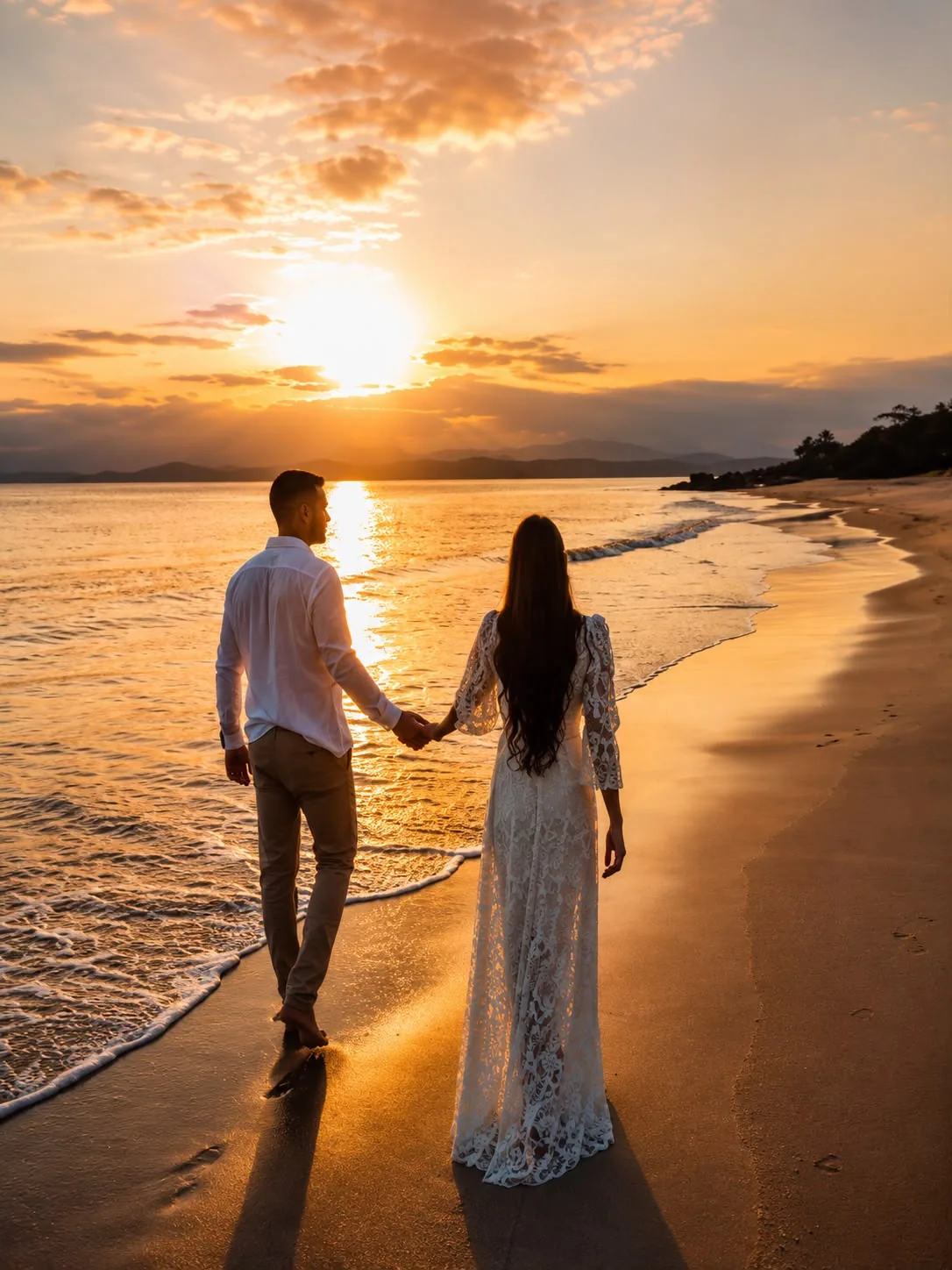 Casal de mãos dadas caminhando na praia ao amanhecer