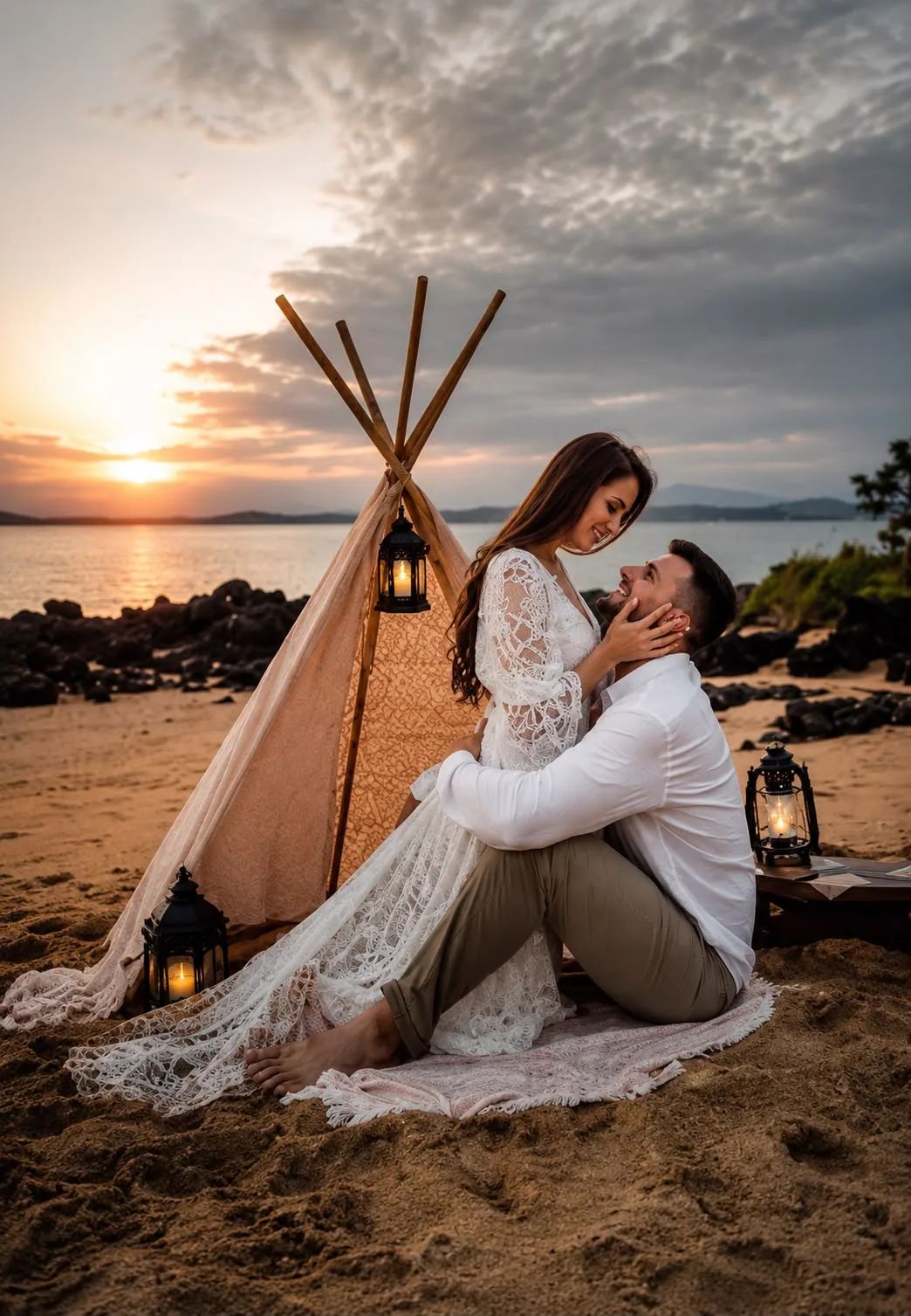 Ensaio ao pôr do sol com tenda de madeira na praia