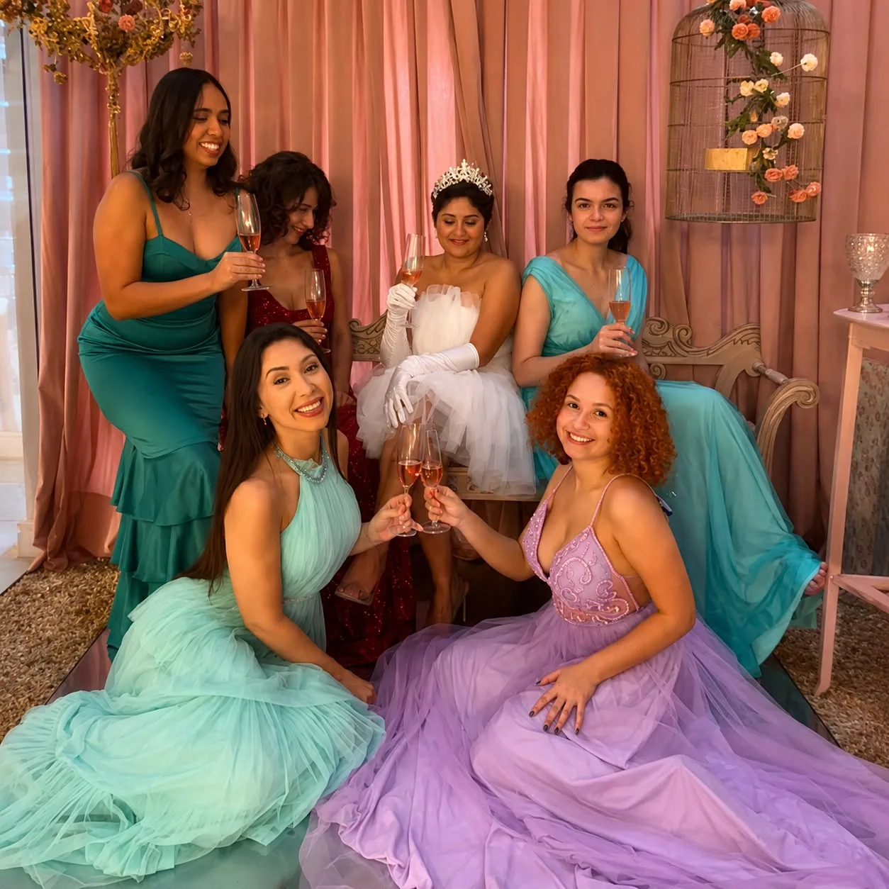 Madrinhas em vestidos verde, lilás e vinho ao lado da noiva
