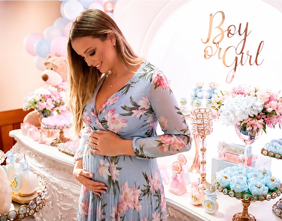Vestido plissado azul com estampa de flores na mesa de doces