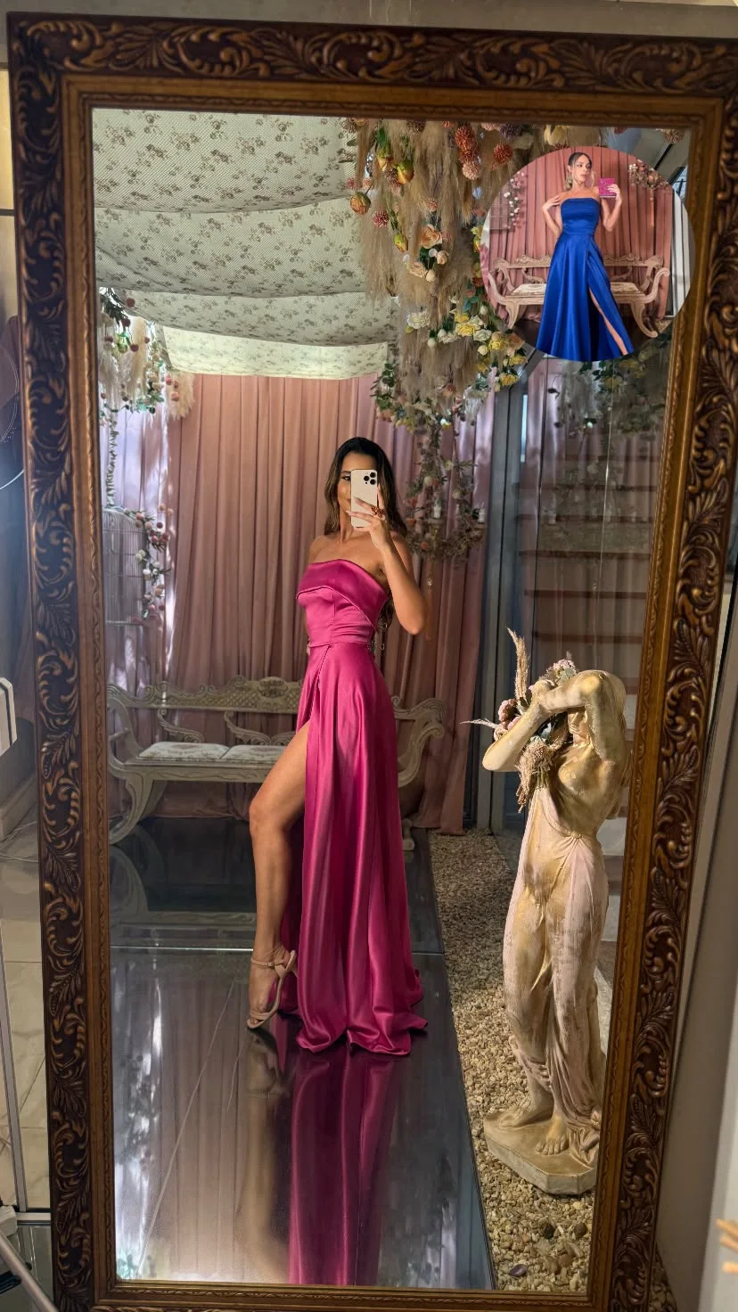 Vestido longo pink com fenda e alças finas